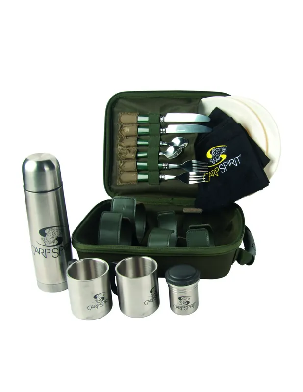 Carp Spirit Ensemble de camping Assiettes Couverts Tasses Verres Vaisselle de pêche Ensemble de camping – Deluxe Solde